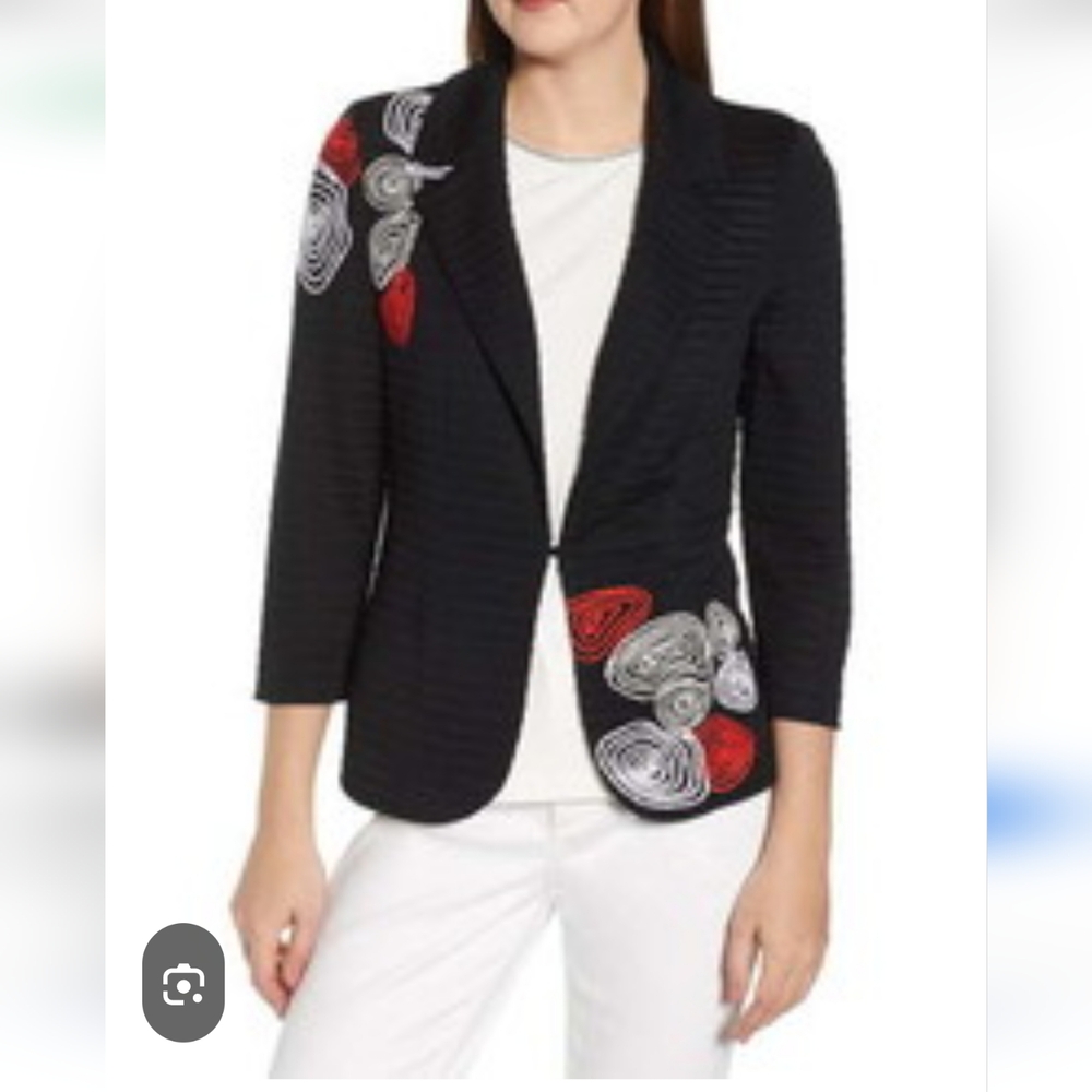 Ming Wang Black Blazer with Red and White Embroidery Sz Large - Picture 3 of 13